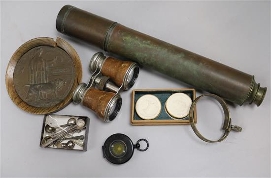 A small quantity of miscellaneous items, including Spencer & Browning telescope, Negretti & Zambra compass, opera glasses, glass, brass